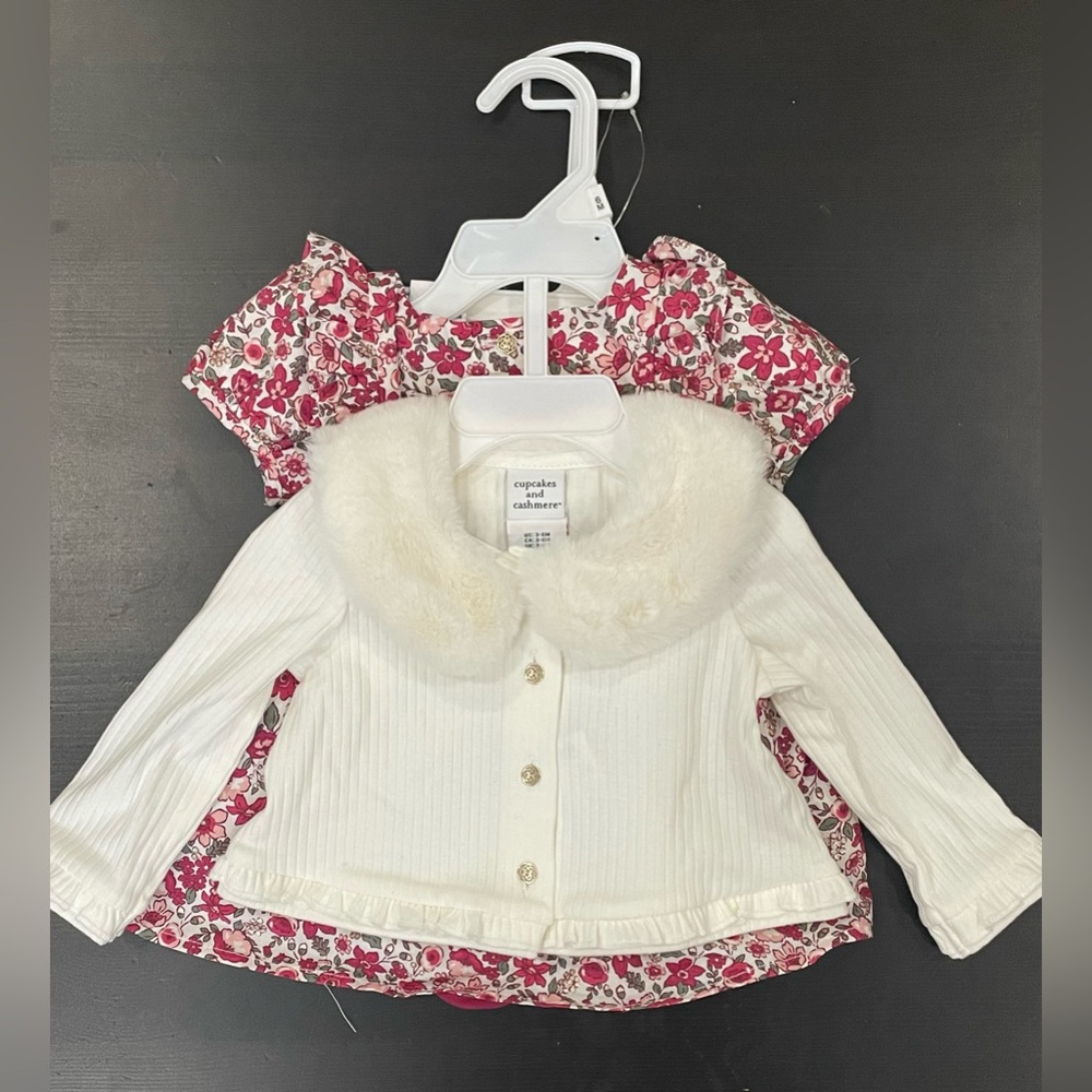 Cupcakes and Cashmere Kids *New* Faux Fur w/ Floral Dress and tights. 3-6 mo